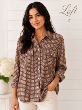 LOFT Floral Geo Print Button Front Blouse Large Brown Blue Roll Tab